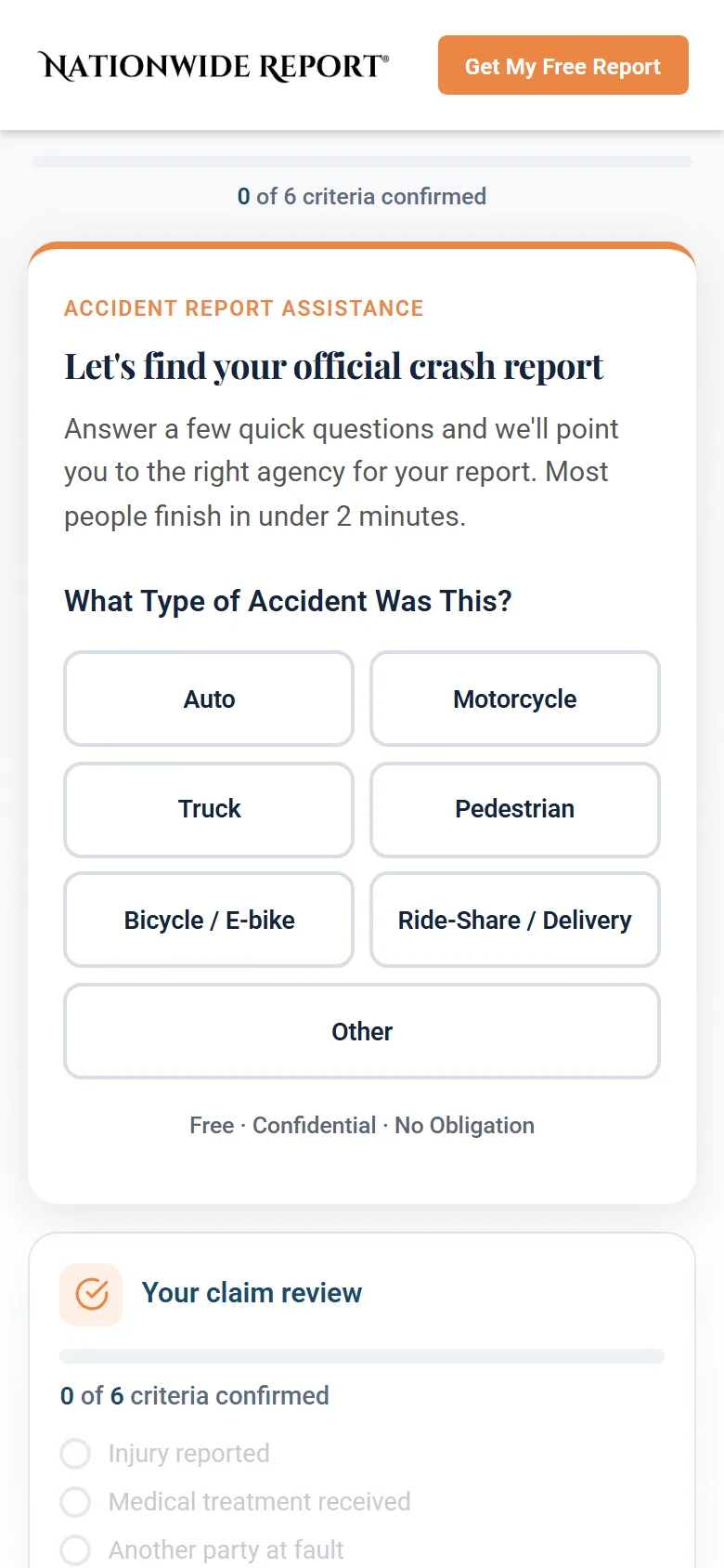 Nationwide Report landing page funnel on mobile