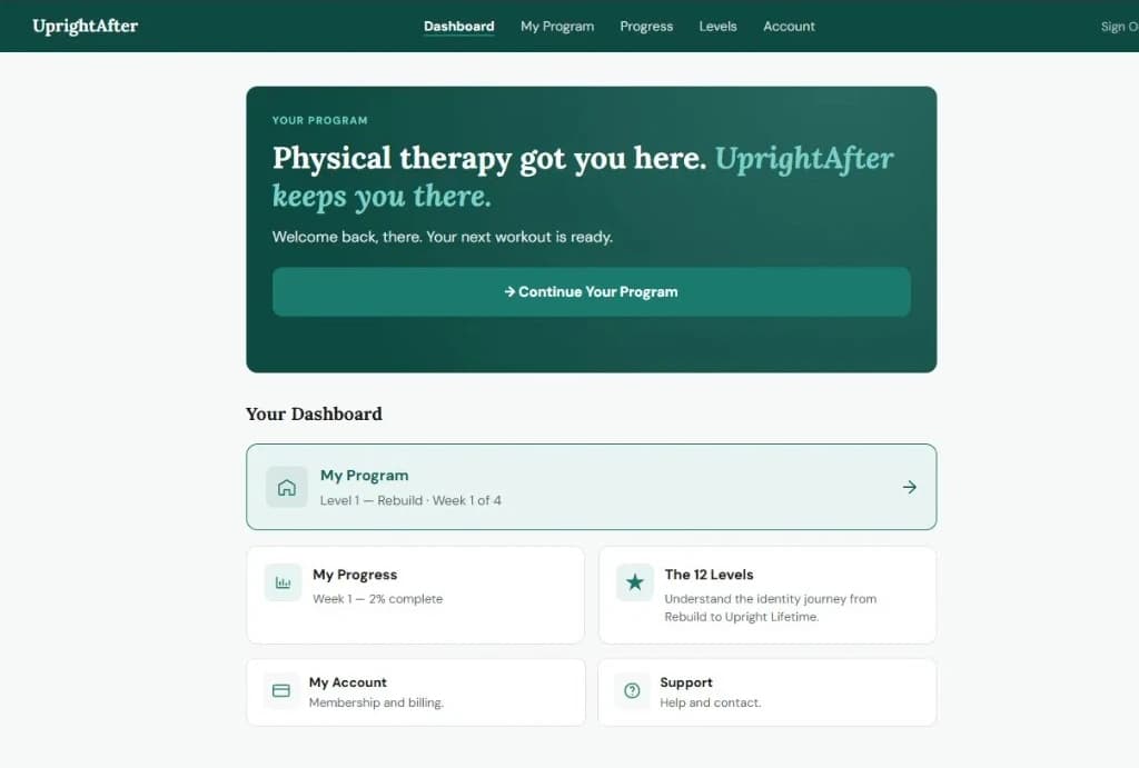 Member dashboard showing level, week, and progress state.